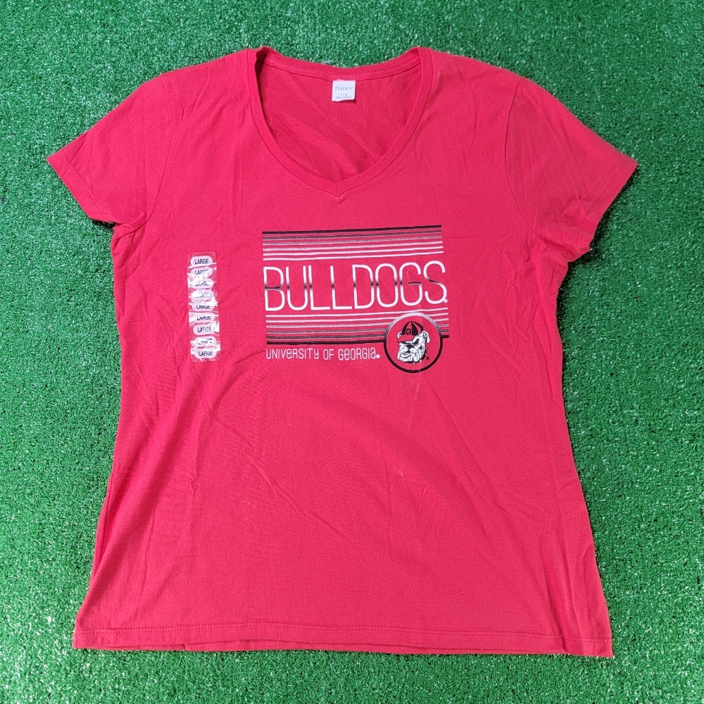 University Of Georgia Women's V Neck T Shirt Size Large Red Black 100% Cotton
